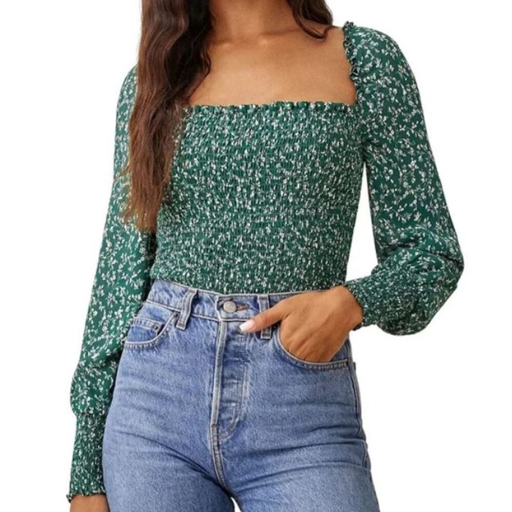 Reformation Womens Size S Pinto top Floral Top Green Ditsy Print Smocked Cropped